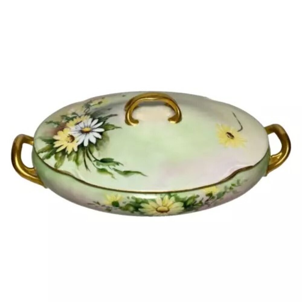 Queen Louise Oval Serving Dish Floral Gold Handles Lidded Iridescent Vintage EUC